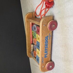 Vintage Playskool Wooden Block Wagon Pull Toy 1950s 1960s